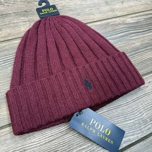 Polo Ralph Lauren Signature Wool Blend Cuffed Beanie Burgundy Navy Pony New